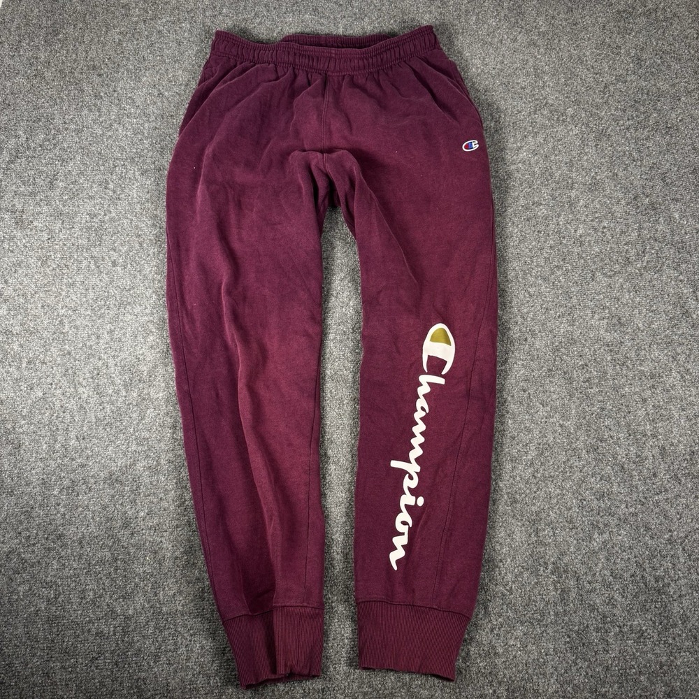 Champion Mens Large Sweatpants Maroon Burgundy Joggers Big Script Logo Fleece L